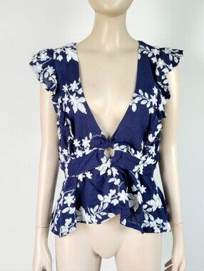 Skylar Rose Navy Embroidered Plunge V Ruffle Trim Knot Front Top L Smocked Crop
